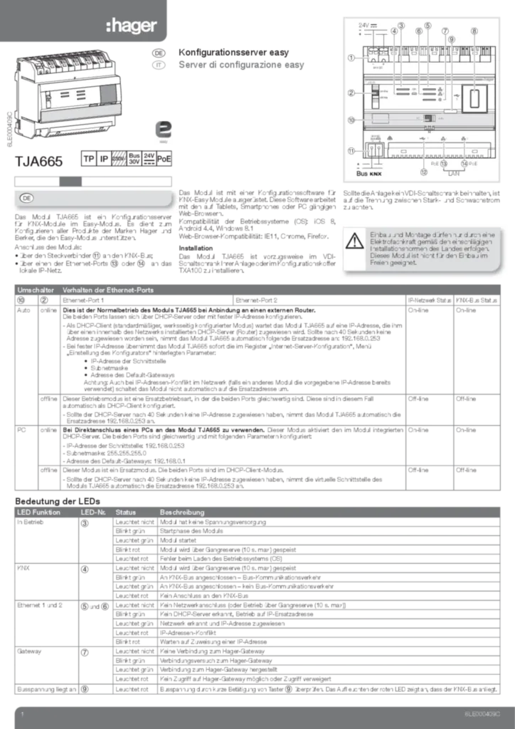 Bild Installationsanleitung für TJA665 - Konfigurationsserver KNX easy (DE-IT, Stand: 09.2016) | Hager Schweiz