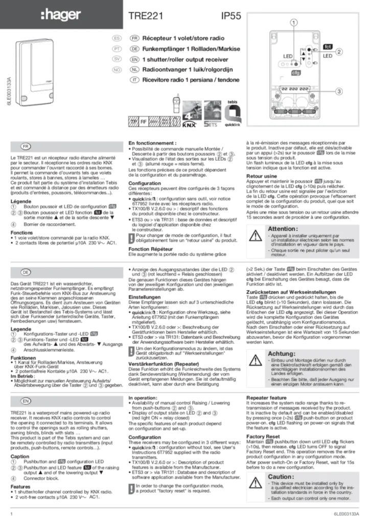 Bild Konfigurationsanleitung für TRE221 - Funk AP Jalousieausgang 1fach IP55, quicklink (DE-NO-SV-PT-EN-IT-FR-ES-NL, Stand: 05.2017) | Hager Deutschland
