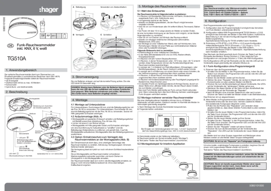 Bild Montageanleitung für TG510A - Funk- Rauchwarnmelder mit integr. KNX- Funk, Funk-/Drahtvernetzbar, 6V DC (DE, Stand: 01.2011) | Hager Deutschland