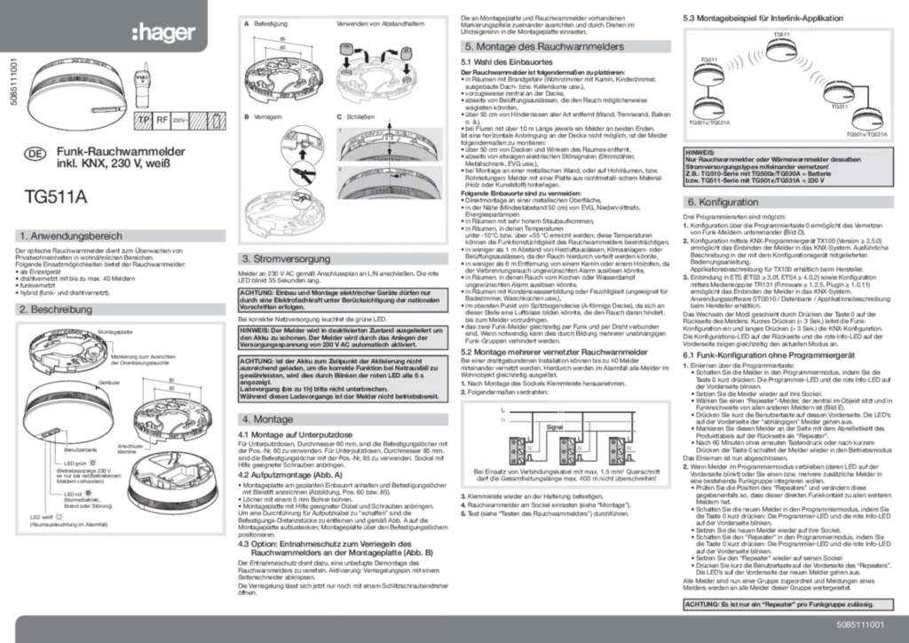 Bild Montageanleitung für TG511A - Funk- Rauchwarnmelder mit integr. KNX- Funk, Funk-/Drahtvernetzbar, 230V AC (DE, Stand: 01.2011) | Hager Deutschland