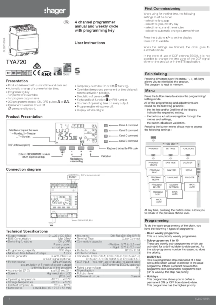 Image Programmateur 4 voies cycle annuel et hebdo avec clé de prog | Hager France