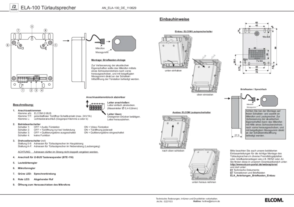 Bild Bedienungs- und Montageanleitung für 1702120 - ELA-100 Türlautsprecher (DE-EN, 2011-06) | Hager Deutschland