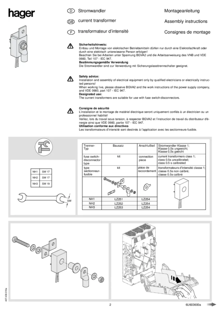 Bild Montageanleitung für LZ255 - Stromwandler für LT NH1-3 (DE-EN-FR, Stand: 04.2003) | Hager Deutschland