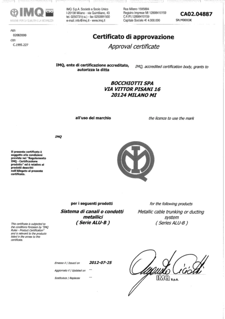 Immagine Certificazioni Ulteriori_Bocchiotti_ALU-B_IMQ_EN_50085-2-1 | Hager Italia