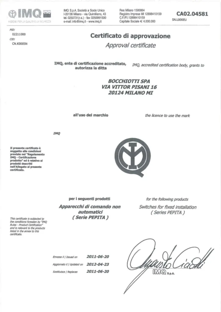 Immagine Certificazioni_IMQ_PEPITA_Interruttori_10A_IMQ | Hager Italia