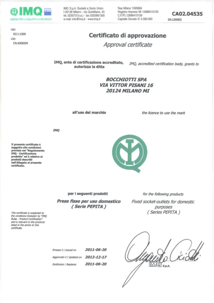 Immagine Certificazioni_IMQ_PEPITA_Presa_bivalente_16A_P11-17 | Hager Italia