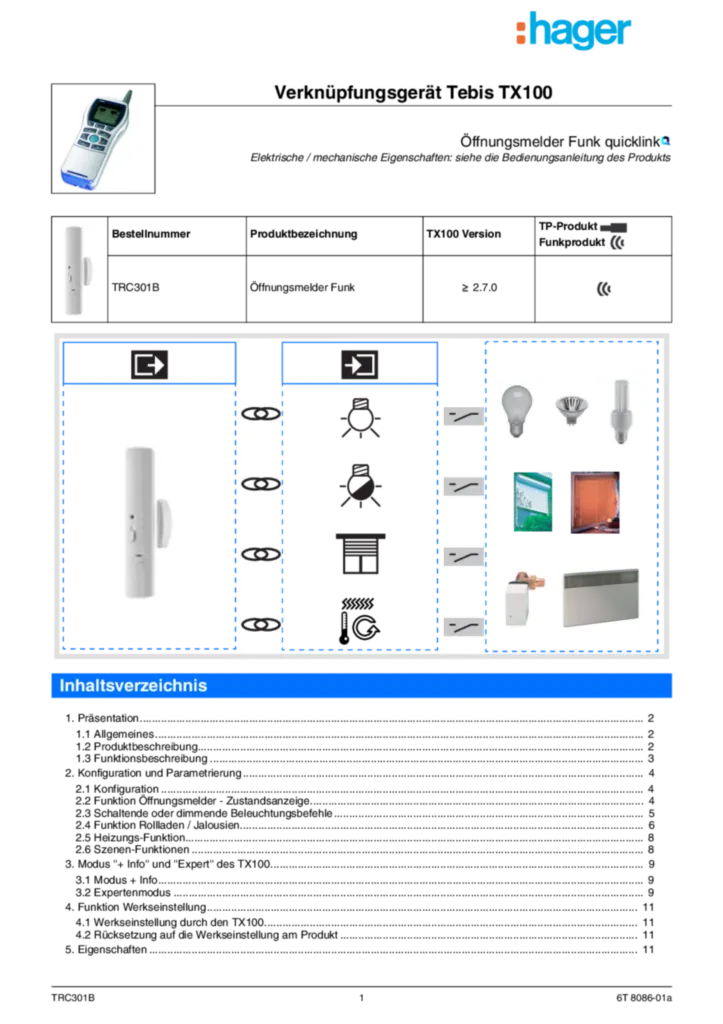 Bild Funktionsbeschreibung TX100 für TRC301B - Öffnungsmelder Funk (DE, Vers. 6T 8066-01a) | Hager Deutschland