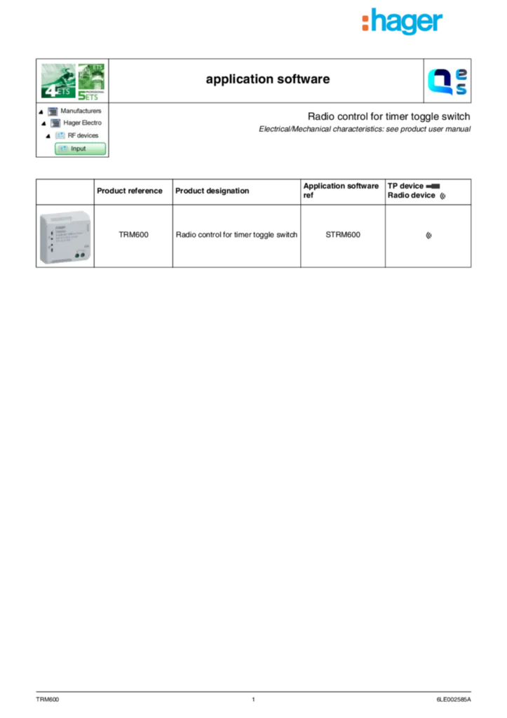 Image Descriptif d'application ETS-Easy du TRM600 | Hager Belgique
