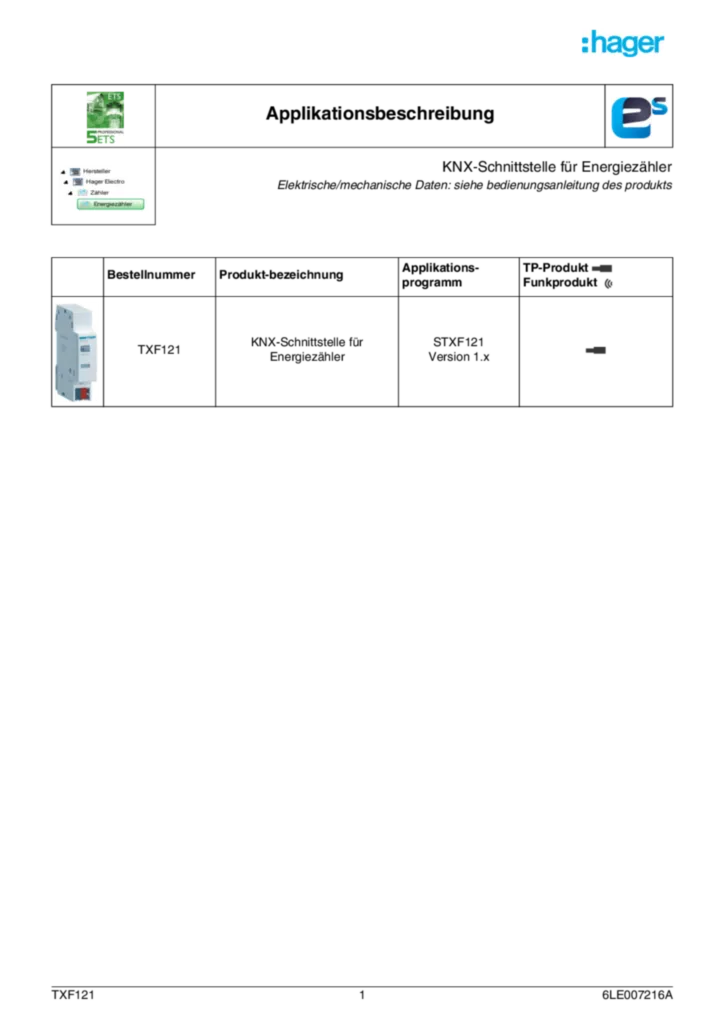 Image Descriptif d'application ETS-Easy du TXF121 | Hager Suisse