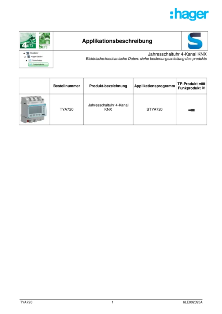 Bild Applikationsbeschreibung ETS für TYA720 - Jahresschaltuhr 4-Kanal KNX (DE, Vers. 6LE002395A) | Hager Schweiz