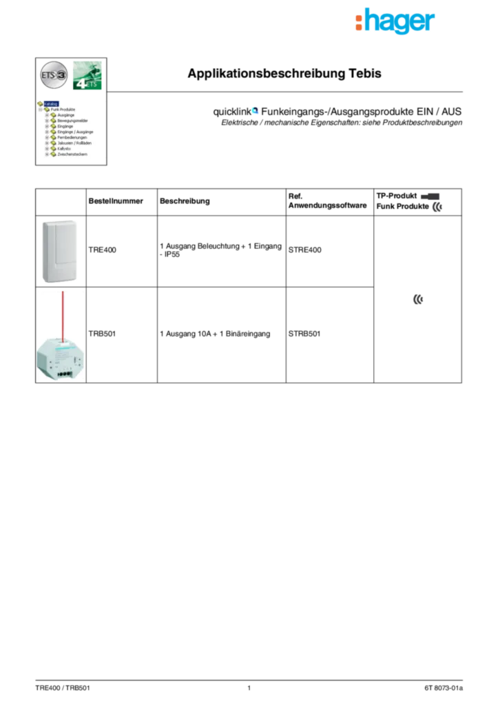 Bild Applikationsbeschreibung ETS für TRB501, TRE400 - quicklink Funkeingangs-/Ausgangsprodukte EIN/AUS (DE, Vers. 6T 8073-01a) | Hager Deutschland