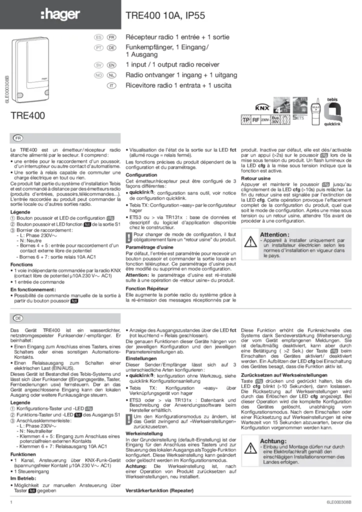 Imagem Manual de instalação en-GB, es-ES, fr-FR, de-DE, it-IT, nl-NL, nn-NO, pt-PT, sv-SE 2010-09-14 | Hager Portugal