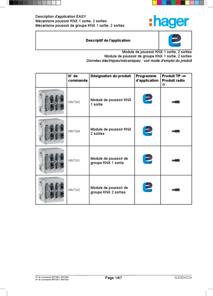 Image Description de l'application ETS pourWNT30X-WNT33X - KNX Cubyko Module poussoir/Module poussoir de groupe 1/2 sorties avec coupleur de bus intégré (FR, 2017-04) | Hager France