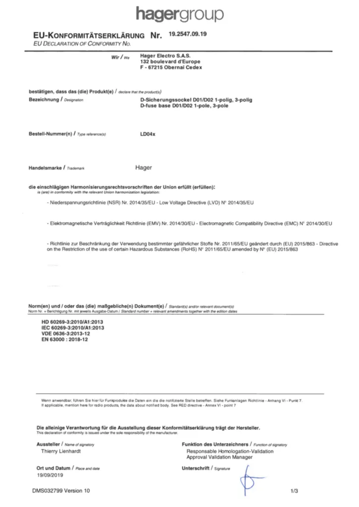 Bild Konformitätserklärung für D-Sicherungssockel D01/D02 1-polig, 3-polig | Hager Deutschland