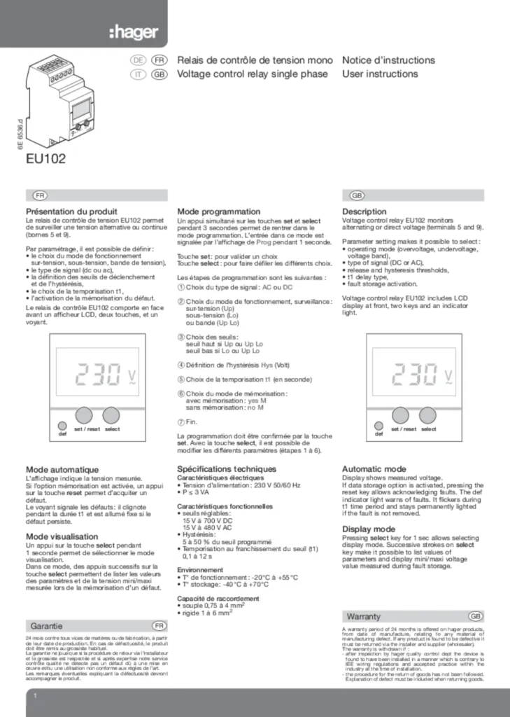 Bild Bedienungsanleitung für EU102 - Kontrollrelais, Spannung, 1 ph, LCD-Display (DE-EN-IT-FR, Stand: 10.2011) | Hager Schweiz