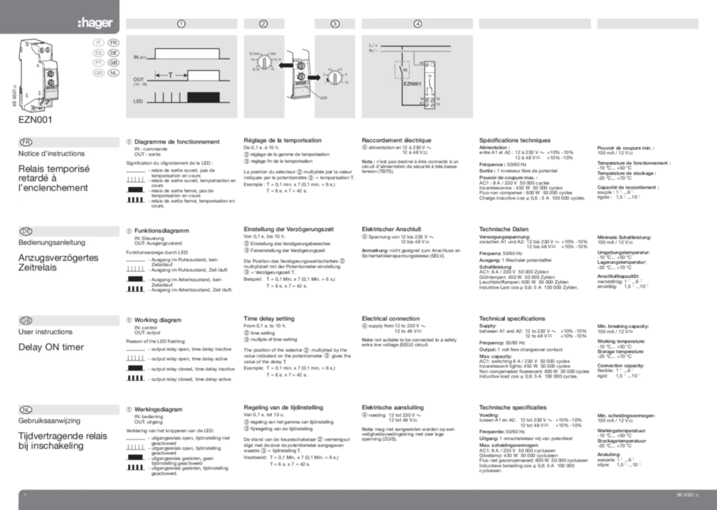 Bild Manual for EZN001 - Delay ON Timer (FR-DE-EN-NL-IT-ES-PT-GR, 2009-10) | Hager Sverige