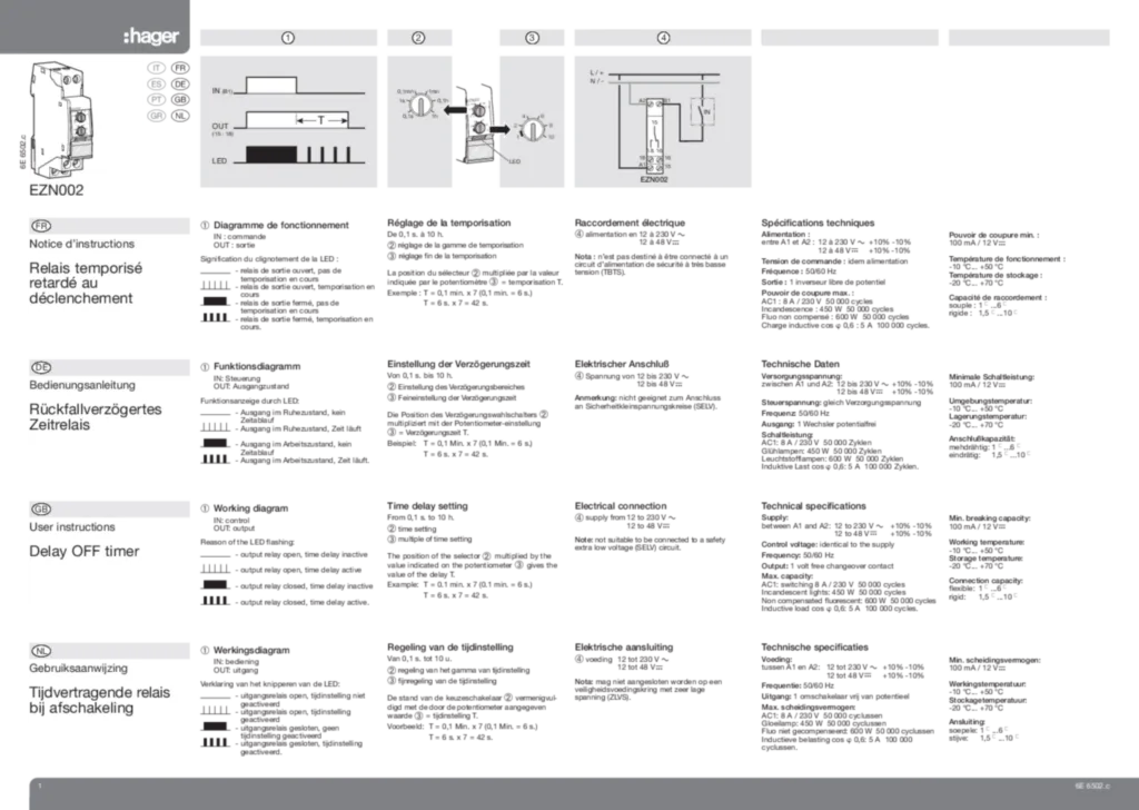 Bild Betriebsanleitung für EZN002 - Zeitrelais rückfallverzögert 1W 10A (EN, Stand: 10.2009) | Hager Schweiz