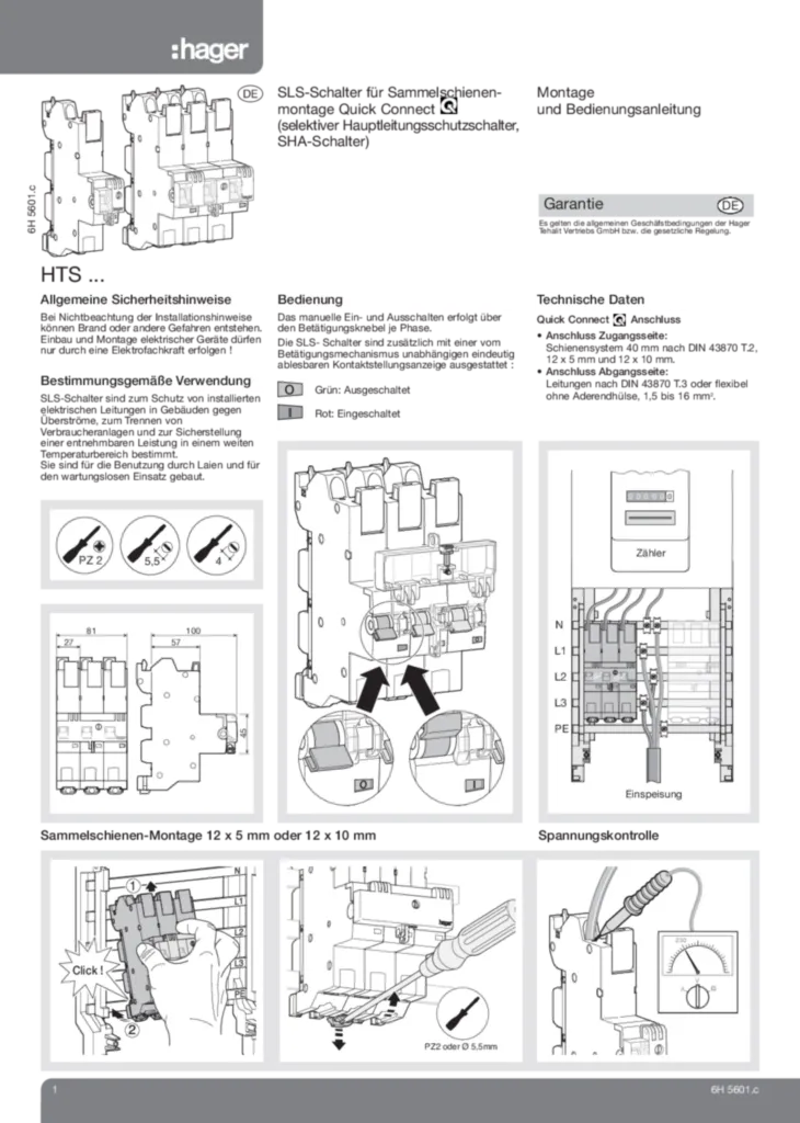 Bild Betriebs- und Montageanleitung für HTS110E, HTS316C, HZT532, ZY415MS, ZY90MS - SLS-Schalter, Zubehör (DE, Stand: 12.2009) | Hager Deutschland