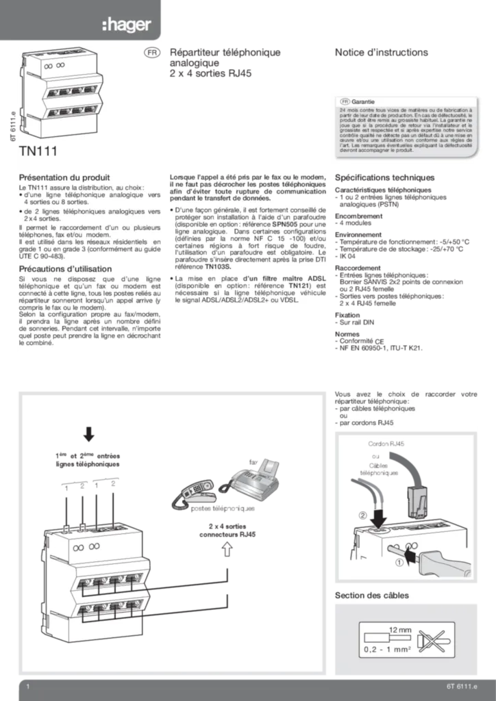 Bild Repartiteur telephonique analogique/RNIS 2x4 sorties RJ45 TN111 | Hager Schweiz