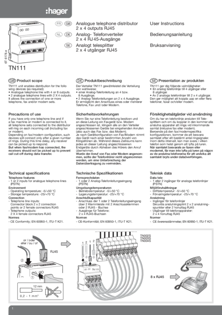 Bild Montageanleitung für TN111 - Modular Telefonverteiler 2x4 RJ45 DIN Montage (DE-SV-EN-FR-NL, Stand: 08.2012) | Hager Schweiz