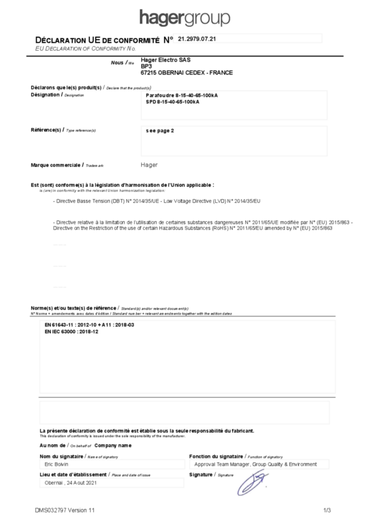 Image Déclaration de conformité International 2021-08-25 | Hager Belgique