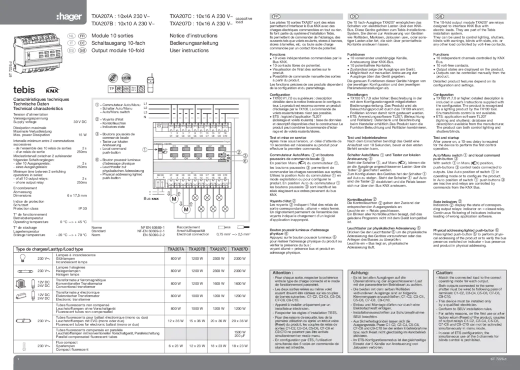 Bild Betriebsanleitung für TXA207A - Schaltaktor 10fach KNX (DE-EN-IT-FR-ES-NL, Stand: 10.2010) | Hager Deutschland