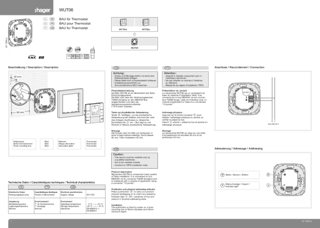 Image Notice catalogue BAU pour thermostat WUT 06 | Hager France