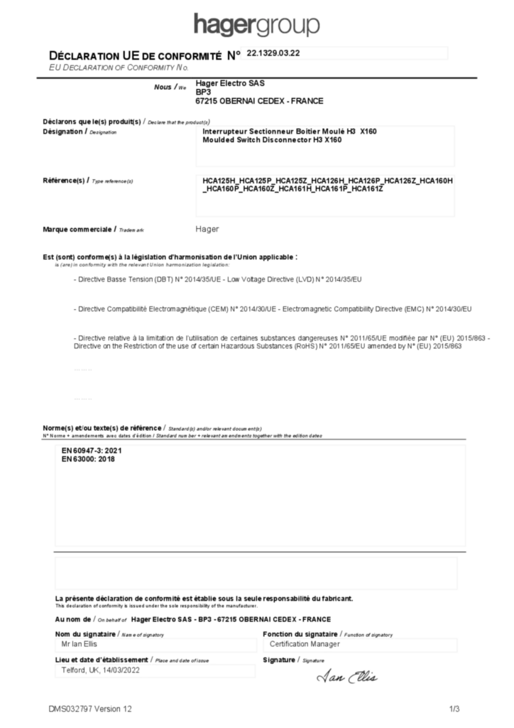Imagen Declaración de conformidad International 2022-03-14 | Hager España