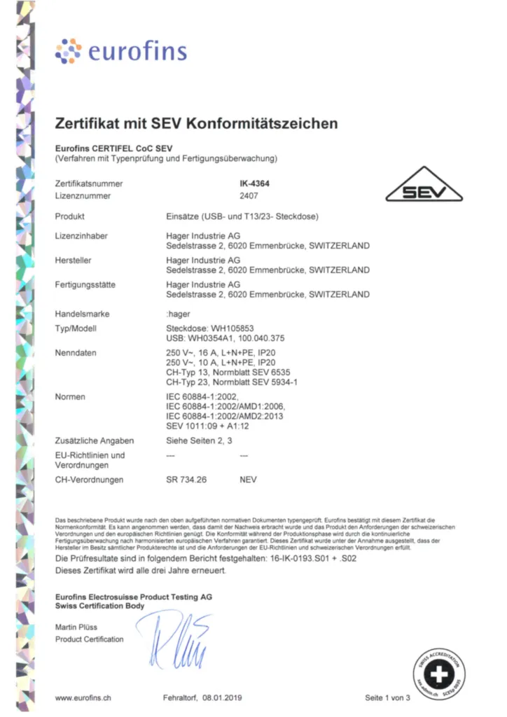 Bild SEV-Konformitätserklärung für USB-Ladevorrichtungen (IK-4364) | Hager Schweiz