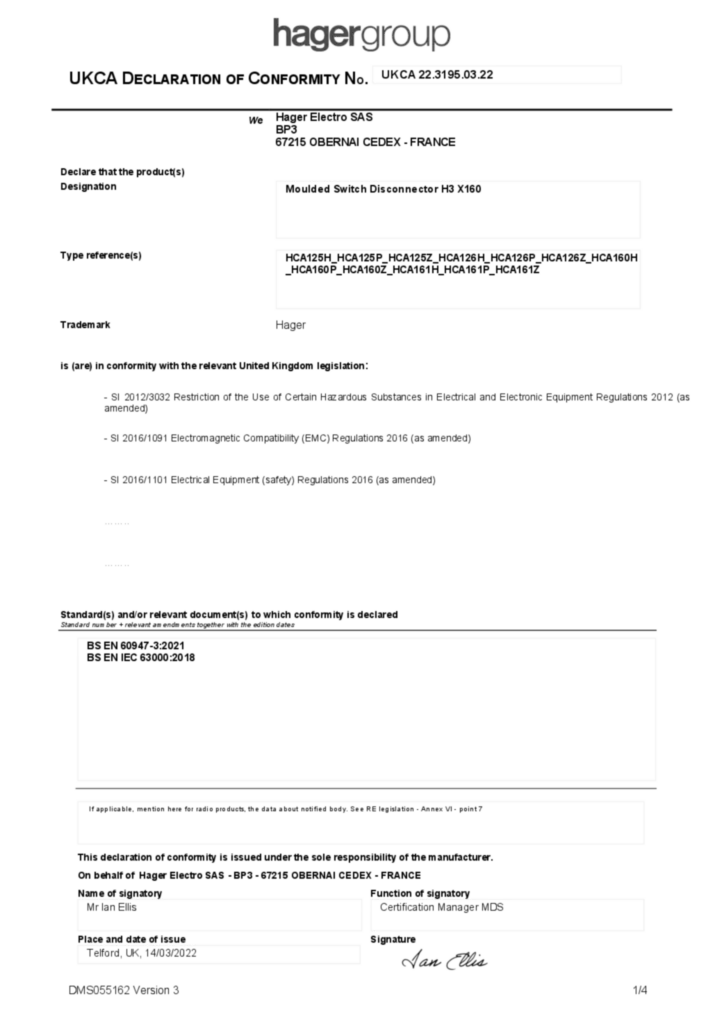 Imagen Declaración de conformidad International 2022-03-14 | Hager España