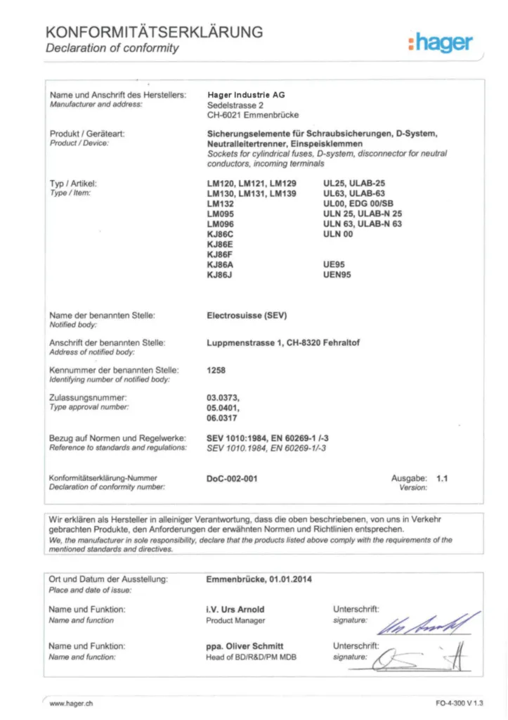 Image Déclaration de conformité pour porte-fusibles cylindriques | Hager Suisse