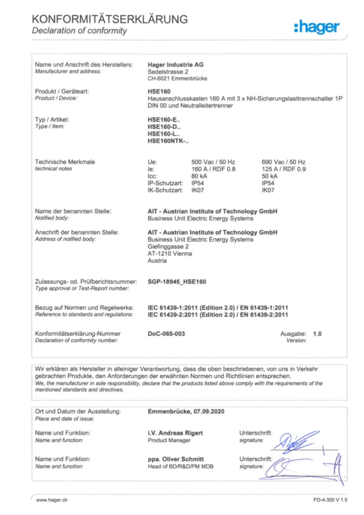 Bild Konformitätserklärung für HSE160 Hausanschlusskasten | Hager Schweiz