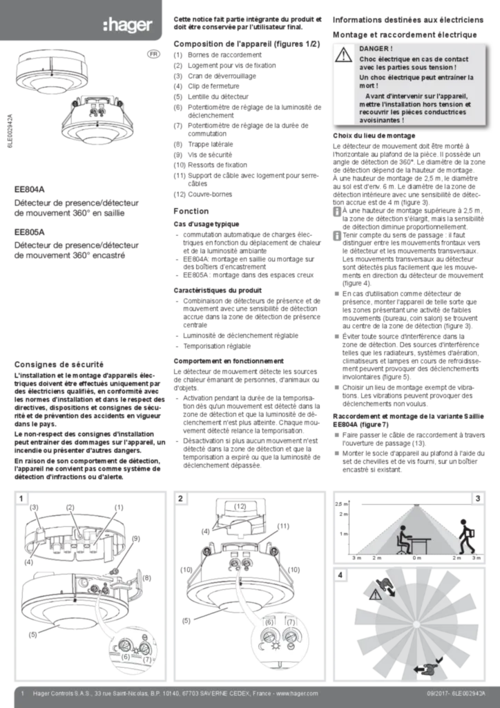 Image Notice d'instruction pour EE804A-EE805A  Detecteur de presence/detecteur de mouvement 360° (fr, 2017-09) | Hager Suisse