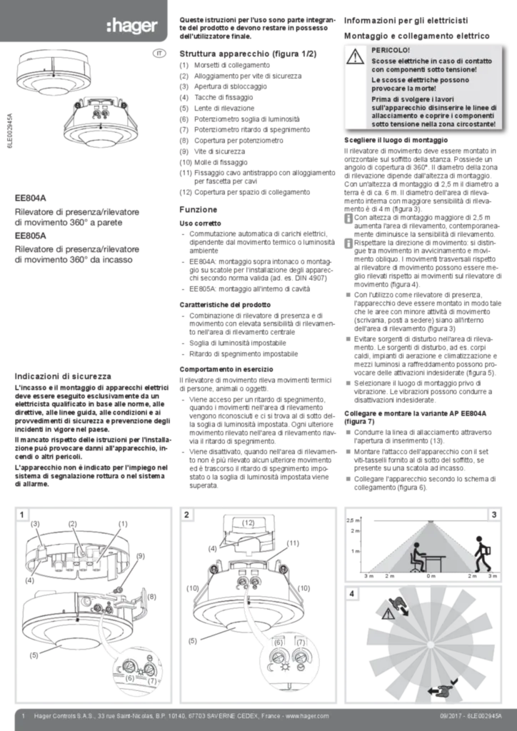 Image Notice d'instruction pour EE804A-EE805A  Detecteur de presence/detecteur de mouvement 360° (it, 2017-09) | Hager Suisse