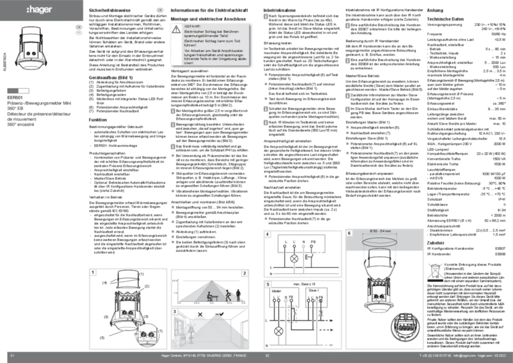 Bild Bedienungs- und Montageanleitung für EER501 - Präsenz-/Bewegungsmelder Mini 360° EB (DE-FR, 2022-03) | Hager Schweiz