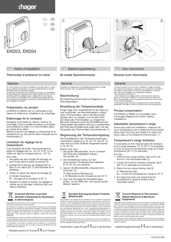 Bild Bedienungsanleitung für EK053 - Raumthermostat, Bimetall, mit Schließerkontakt (DE-EN-FR-NL-SV, Stand: 09.2017) | Hager Deutschland