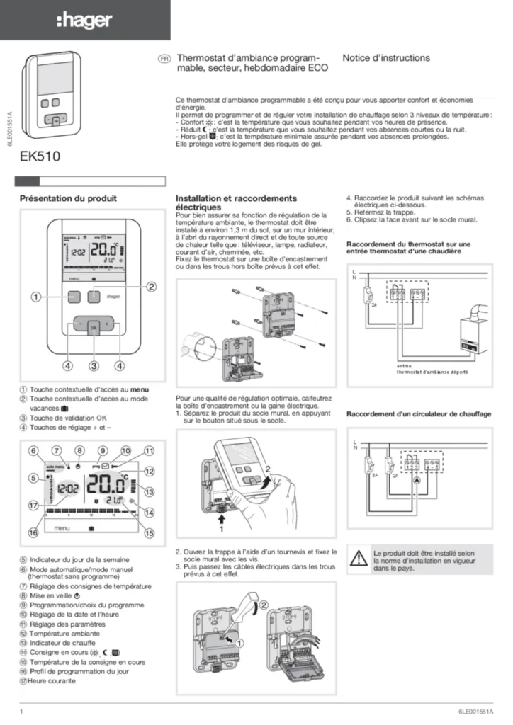 Image Thermostat d’ambiance programmable, secteur, hebdomadaire ECO | Hager Belgique