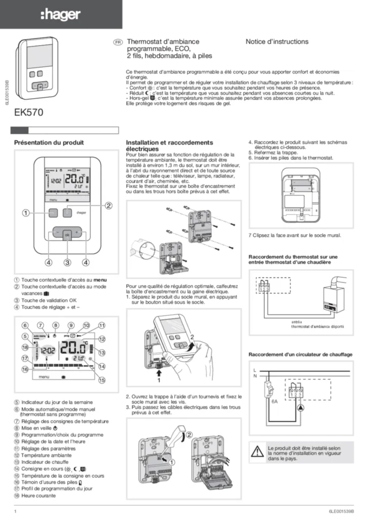 Image Thermostat d’ambiance programmable, ECO, 2 fils, hebdomadaire, à piles | Hager Belgique