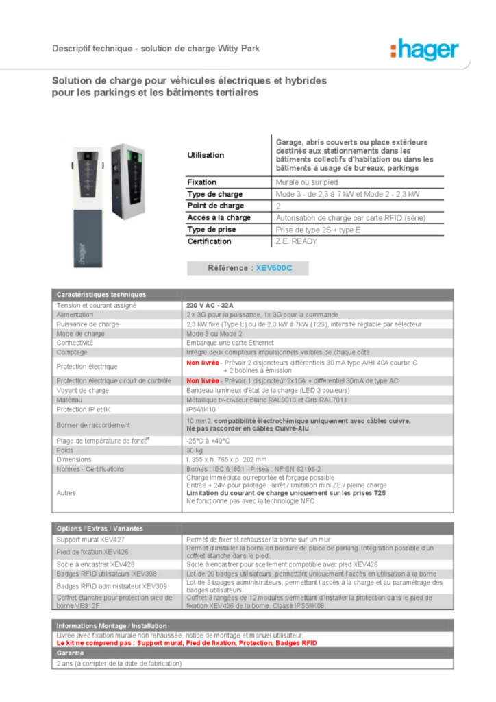 Image Fiche technique borne de charge witty park XEV600C | Hager France