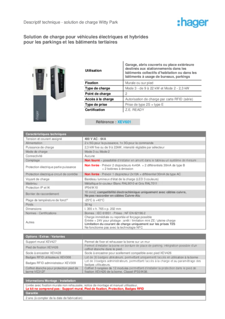 Image Fiche technique borne de charge witty park XEV601 | Hager France