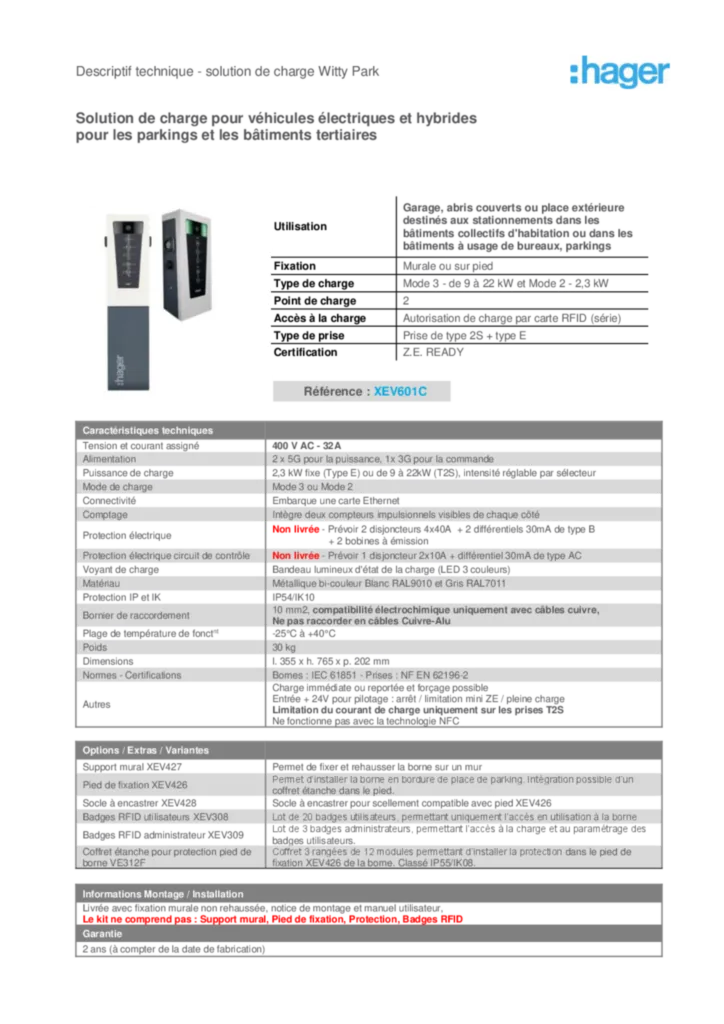 Image Fiche technique borne de charge witty park XEV601C | Hager France