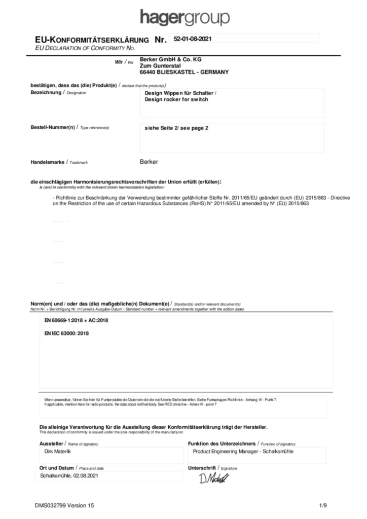 Afbeelding Conformiteitsverklaring International 2021-09-27 | Hager Nederland