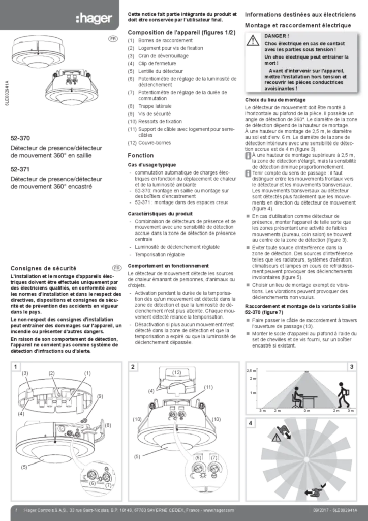 Image Notice d'instruction pour EE804A-EE805A  Detecteur de presence/detecteur de mouvement 360° (fr, 2017-09) | Hager France