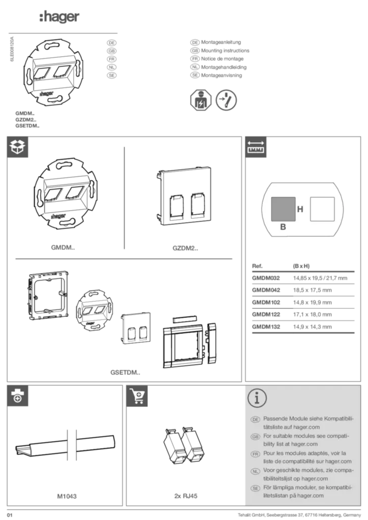 Bild Montageanleitung für GMDMxx-GZDM2xx-GSETDMxx - Einbausets Daten (DE, 2022-04) | Hager Deutschland