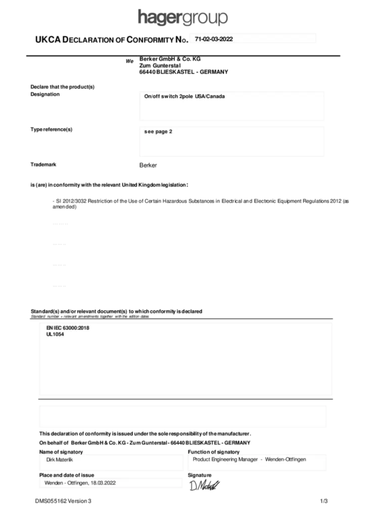 Afbeelding Conformiteitsverklaring International 2022-05-09 | Hager Nederland