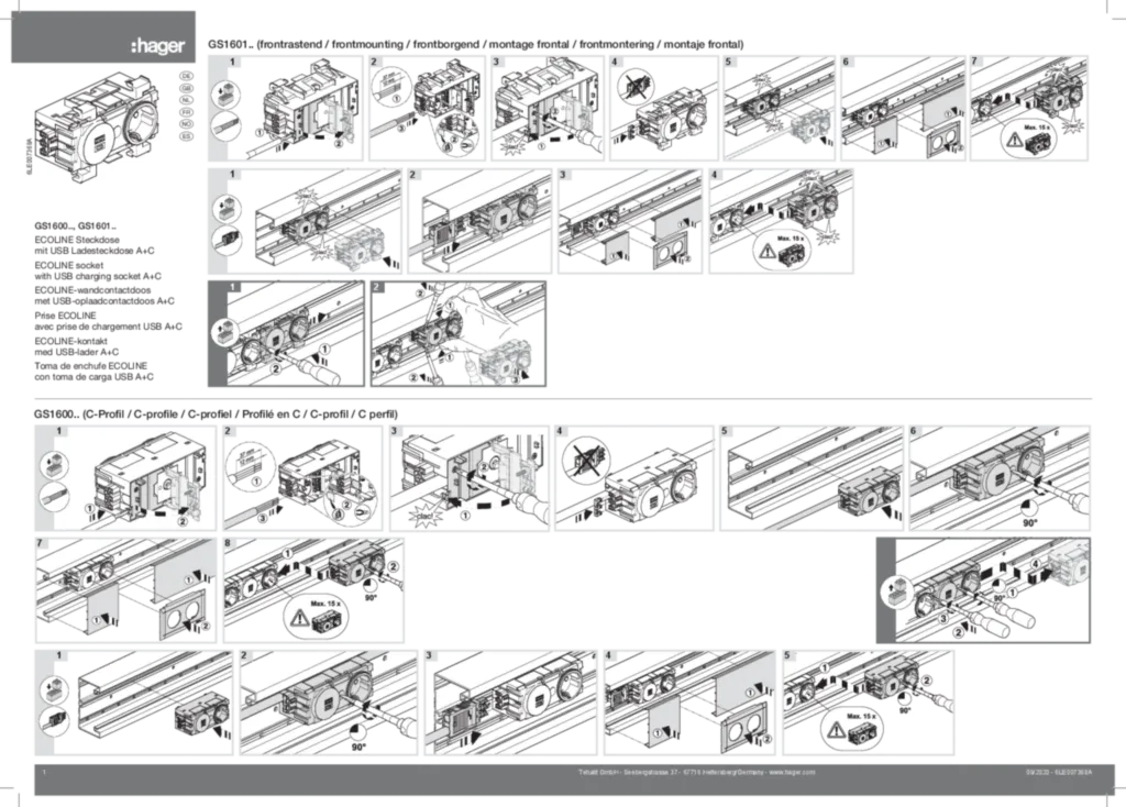 Bild Bedienungs- und Montageanleitung für GS1600xx-GS1601xx - ECOLINE Steckdose mit USB Ladesteckdose A+C (DE-EN-NL-FR-NO-ES, 2020-09) | Hager Deutschland