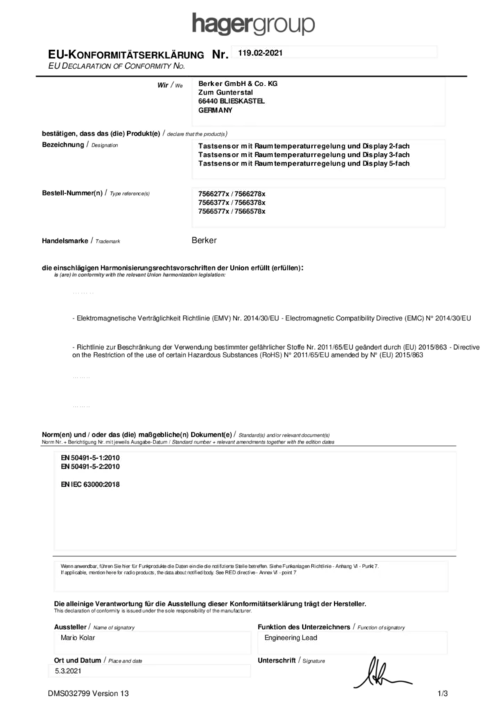 Afbeelding Conformiteitsverklaring International 2021-03-05 | Hager Nederland