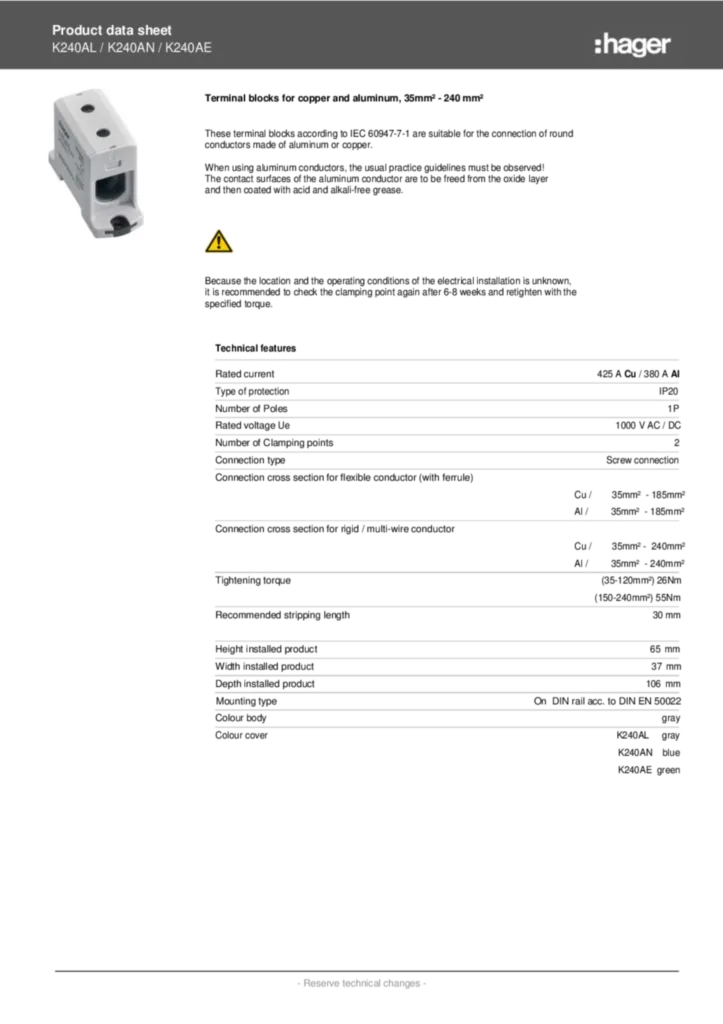Bild Datasheet K240A* | Hager Deutschland