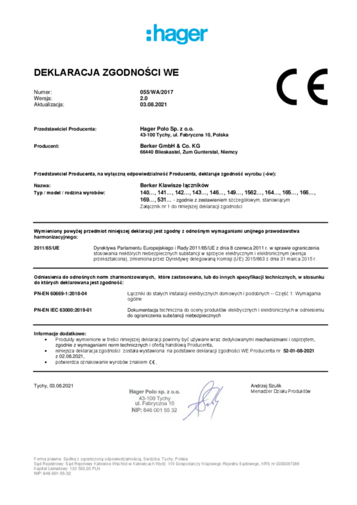 Zdjęcie Berker Klawisze łączników; 140…, 141…, 142…, 143…, 146…, 149…, 1562…, 164…, 165…, 166…, 169…, 531… | Hager Polska