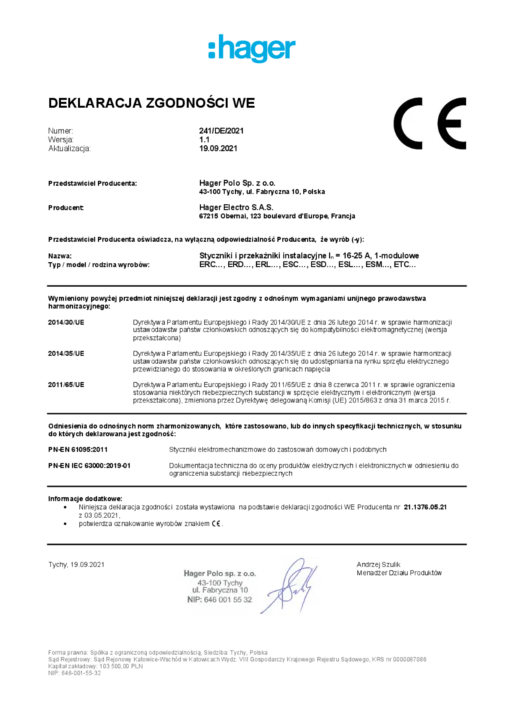 Zdjęcie Styczniki i przekaźniki instalacyjne In = 16-25 A, 1-modułowe; ERC…, ERD…, ERL…, ESC…, ESD…, ESL…, ESM…, ETC… | Hager Polska